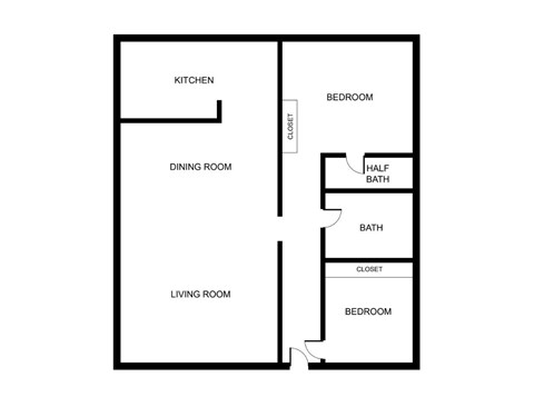 A floor plan of a house with a living room, dining room, kitchen, and two bedrooms.
